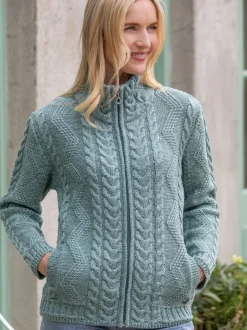 Womens Irish Knitwear|Ladies Cardigans*Sweater Shop Ladies Aran Turtleneck Zip Aqua
