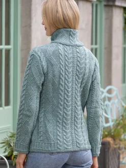 Womens Irish Knitwear|Ladies Cardigans*Sweater Shop Ladies Aran Turtleneck Zip Aqua