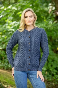 Womens Irish Knitwear|Ladies Cardigans*Sweater Shop Ladies Cable Knit Cardigan Denim Marl