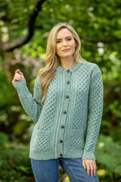 Womens Irish Knitwear|Ladies Cardigans*Sweater Shop Ladies Cable Knit Cardigan Aqua