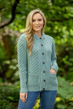 Womens Irish Knitwear|Ladies Cardigans*Sweater Shop Ladies Cable Knit Cardigan Aqua