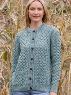 Womens Irish Knitwear|Ladies Cardigans*Sweater Shop Ladies Cable Knit Cardigan Aqua