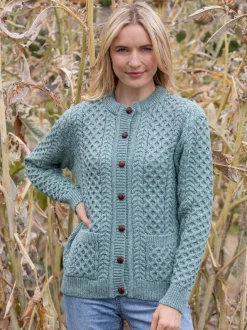 Womens Irish Knitwear|Ladies Cardigans*Sweater Shop Ladies Cable Knit Cardigan Aqua