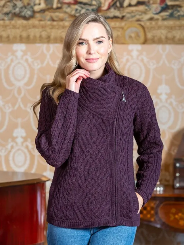 Womens Irish Knitwear|Womens Aran Fisherman Sweaters*Sweater Shop Ladies Cable Knit Side Zip Cardigan - Purple
