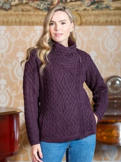 Womens Irish Knitwear|Womens Aran Fisherman Sweaters*Sweater Shop Ladies Cable Knit Side Zip Cardigan - Purple