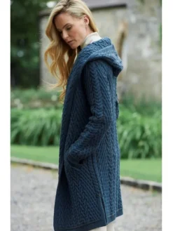 Womens Irish Knitwear|Ladies Cardigans*Sweater Shop Ladies Herringbone Shawl Collar Hooded Coat