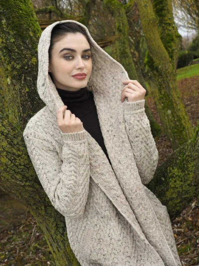 Womens Aran & Tweed Coats|Womens Irish Knitwear*Sweater Shop Ladies Herringbone Shawl Collar Hooded Coat Oatmeal