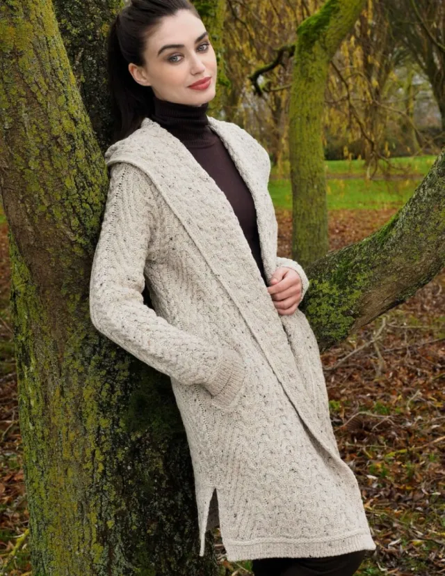 Womens Aran & Tweed Coats|Womens Irish Knitwear*Sweater Shop Ladies Herringbone Shawl Collar Hooded Coat Oatmeal