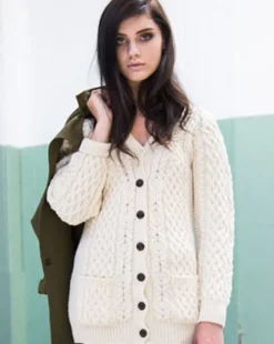 Womens Irish Knitwear*Sweater Shop Ladies Long Aran boyfriend cardigan