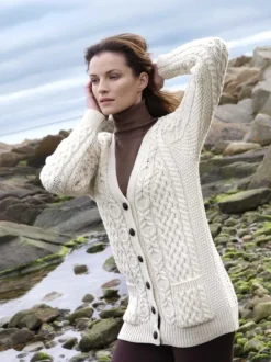 Womens Irish Knitwear*Sweater Shop Ladies Long Aran boyfriend cardigan
