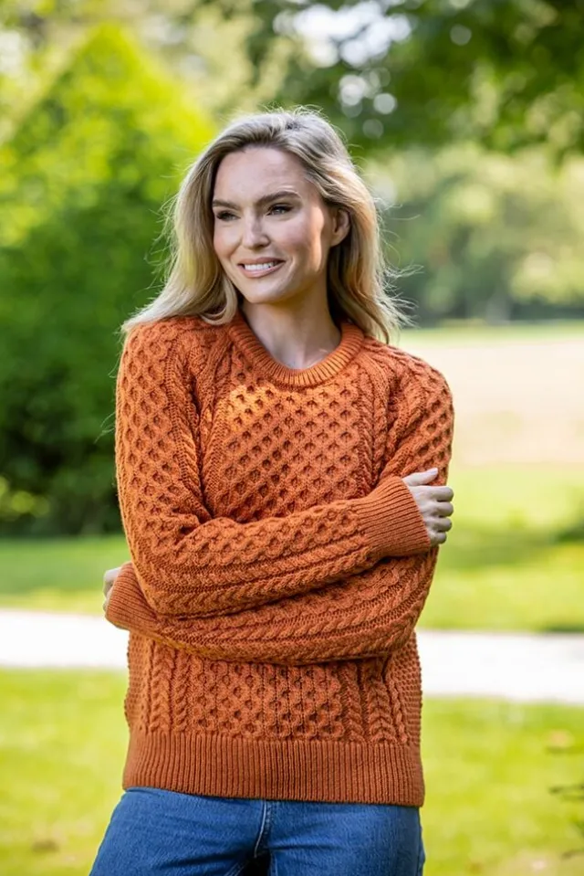 Womens Irish Knitwear|Womens Aran Fisherman Sweaters*Sweater Shop Ladies Merino Wool Aran Sweater - Orange