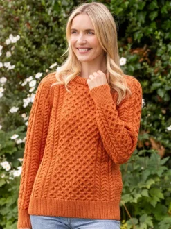 Womens Irish Knitwear|Womens Aran Fisherman Sweaters*Sweater Shop Ladies Merino Wool Aran Sweater - Orange
