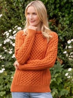 Womens Irish Knitwear|Womens Aran Fisherman Sweaters*Sweater Shop Ladies Merino Wool Aran Sweater - Orange
