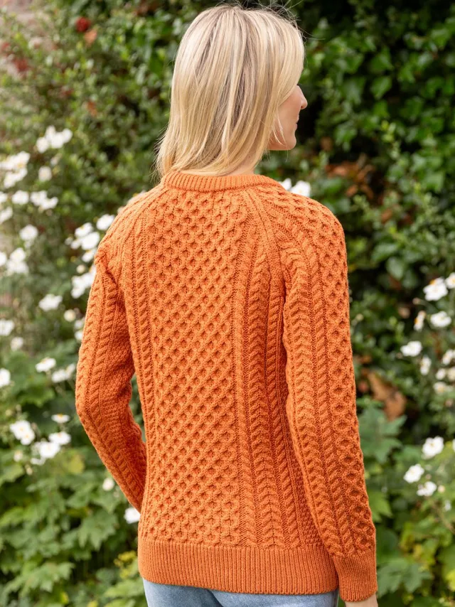 Womens Irish Knitwear|Womens Aran Fisherman Sweaters*Sweater Shop Ladies Merino Wool Aran Sweater - Orange