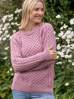 Womens Irish Knitwear|Womens Aran Fisherman Sweaters*Sweater Shop Ladies Merino Wool Fitted Aran Sweater Pink