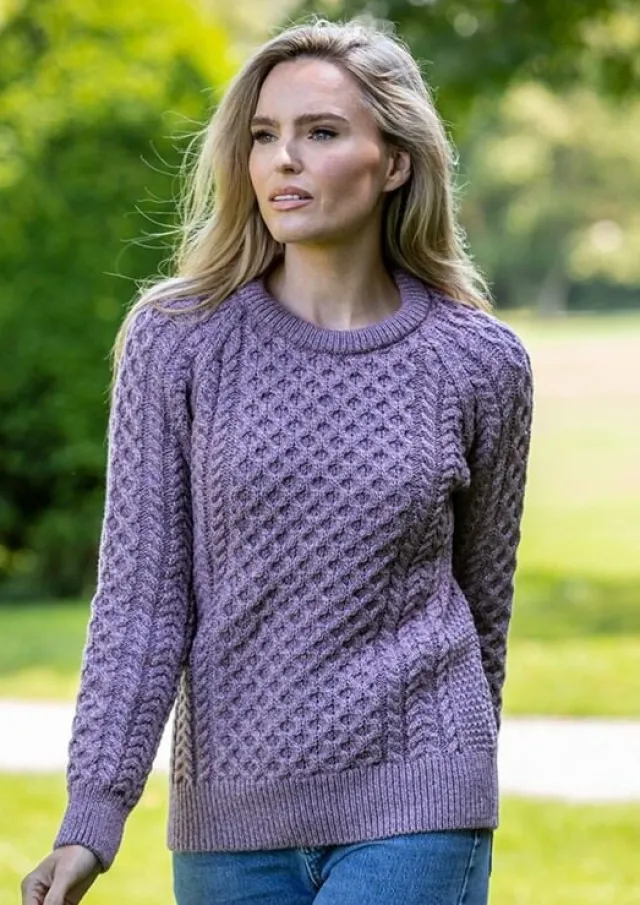 Womens Irish Knitwear*Sweater Shop Ladies Merino Wool Fitted Aran Sweater LAVENDER