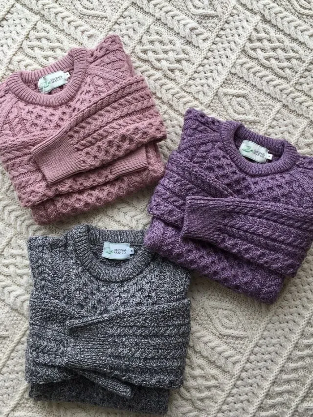 Womens Irish Knitwear*Sweater Shop Ladies Merino Wool Fitted Aran Sweater LAVENDER