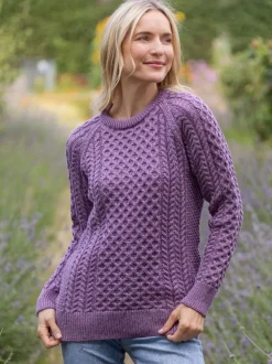 Womens Irish Knitwear*Sweater Shop Ladies Merino Wool Fitted Aran Sweater LAVENDER