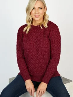 Womens Irish Knitwear|Womens Aran Fisherman Sweaters*Sweater Shop Ladies Merino Wool Fitted Aran Sweater Raspberry