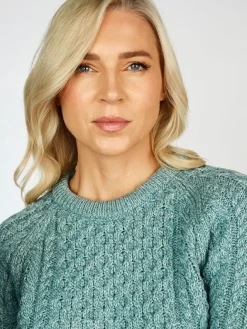 Womens Irish Knitwear|Womens Aran Fisherman Sweaters*Sweater Shop Ladies Merino Wool Fitted Aran Sweater Aqua