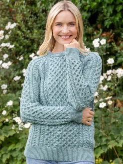 Womens Irish Knitwear|Womens Aran Fisherman Sweaters*Sweater Shop Ladies Merino Wool Fitted Aran Sweater Aqua