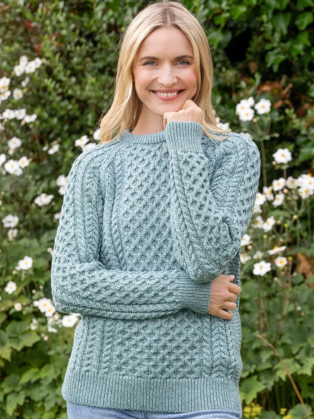 Womens Irish Knitwear|Womens Aran Fisherman Sweaters*Sweater Shop Ladies Merino Wool Fitted Aran Sweater Aqua