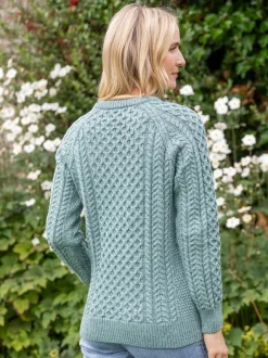 Womens Irish Knitwear|Womens Aran Fisherman Sweaters*Sweater Shop Ladies Merino Wool Fitted Aran Sweater Aqua