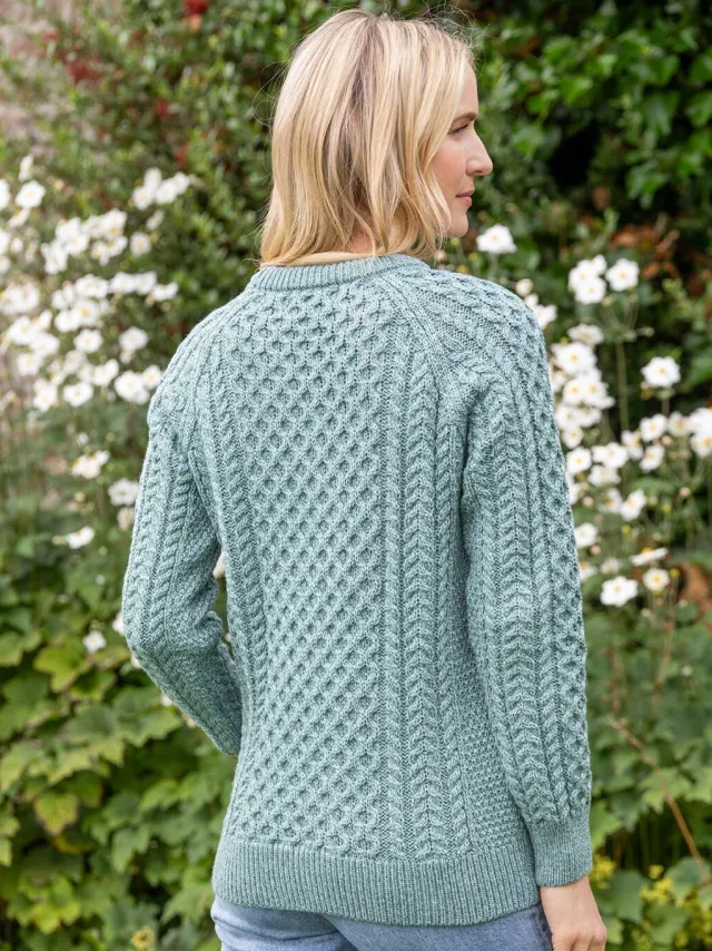 Womens Irish Knitwear|Womens Aran Fisherman Sweaters*Sweater Shop Ladies Merino Wool Fitted Aran Sweater Aqua