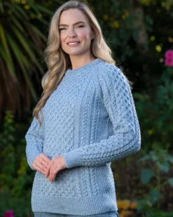Womens Aran Fisherman Sweaters|Womens Irish Knitwear*Sweater Shop Ladies Merino Wool Fitted Aran Sweater Sky Blue