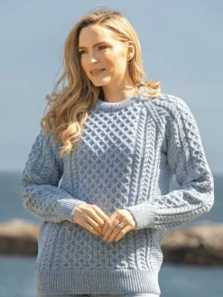 Womens Aran Fisherman Sweaters|Womens Irish Knitwear*Sweater Shop Ladies Merino Wool Fitted Aran Sweater Sky Blue