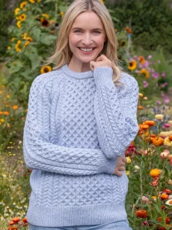 Womens Aran Fisherman Sweaters|Womens Irish Knitwear*Sweater Shop Ladies Merino Wool Fitted Aran Sweater Sky Blue