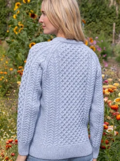 Womens Aran Fisherman Sweaters|Womens Irish Knitwear*Sweater Shop Ladies Merino Wool Fitted Aran Sweater Sky Blue