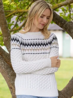 Womens Irish Knitwear|Womens Aran Fisherman Sweaters*Sweater Shop Ladies Merino Wool Fitted Fairisle Sweater Natural