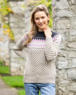 Womens Irish Knitwear|Womens Aran Fisherman Sweaters*Sweater Shop Ladies Merino Wool Fitted Fairisle Sweater Oatmeal