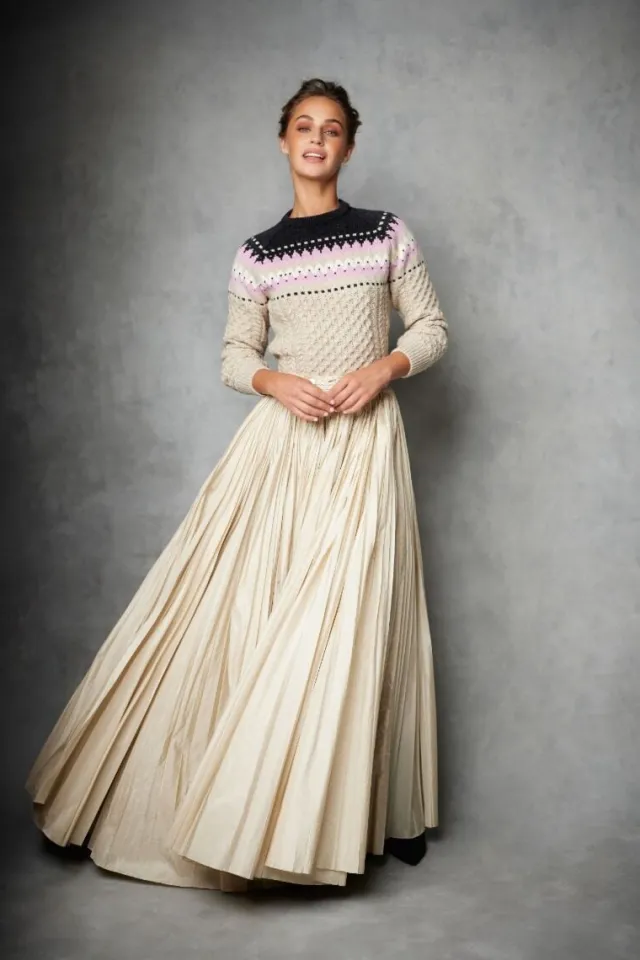 Womens Irish Knitwear|Womens Aran Fisherman Sweaters*Sweater Shop Ladies Merino Wool Fitted Fairisle Sweater Oatmeal