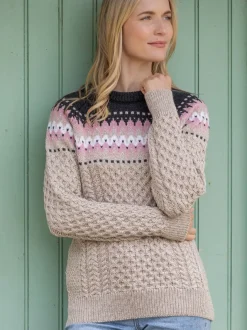 Womens Irish Knitwear|Womens Aran Fisherman Sweaters*Sweater Shop Ladies Merino Wool Fitted Fairisle Sweater Oatmeal
