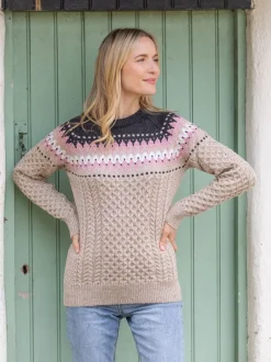 Womens Irish Knitwear|Womens Aran Fisherman Sweaters*Sweater Shop Ladies Merino Wool Fitted Fairisle Sweater Oatmeal