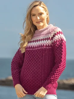Womens Irish Knitwear|Womens Aran Fisherman Sweaters*Sweater Shop Ladies Merino Wool Fitted Fairisle Sweater Raspberry