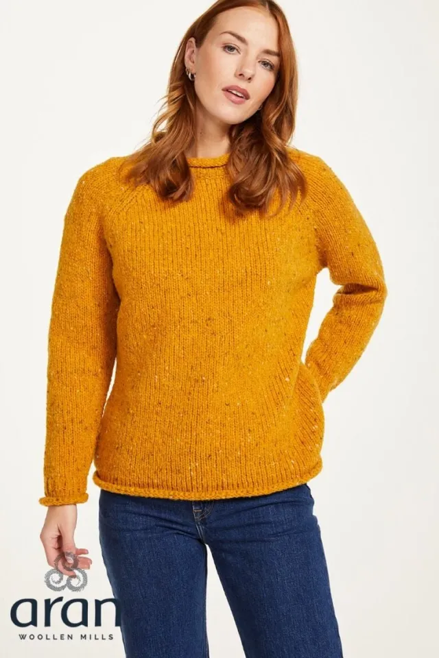 Womens Irish Knitwear|Womens Aran Fisherman Sweaters*Sweater Shop Ladies Roll Neck Raglan Crew Yellow