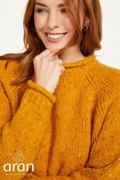 Womens Irish Knitwear|Womens Aran Fisherman Sweaters*Sweater Shop Ladies Roll Neck Raglan Crew Yellow