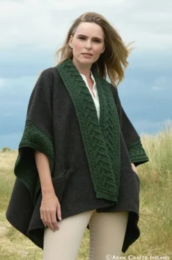 Ladies Aran Ponchos & Capes*Sweater Shop Ladies Tweed Cape Green