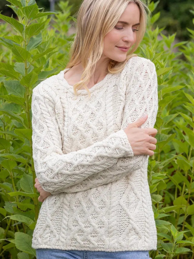Womens Irish Knitwear|Womens Aran Fisherman Sweaters*Sweater Shop Lambay Lattice Cable Aran Sweater Natural