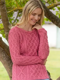 Womens Irish Knitwear|Womens Aran Fisherman Sweaters*Sweater Shop Lambay Lattice Cable Aran Sweater Rosa Pink