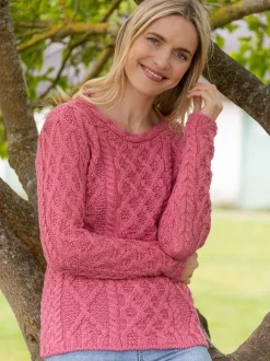 Womens Irish Knitwear|Womens Aran Fisherman Sweaters*Sweater Shop Lambay Lattice Cable Aran Sweater Rosa Pink