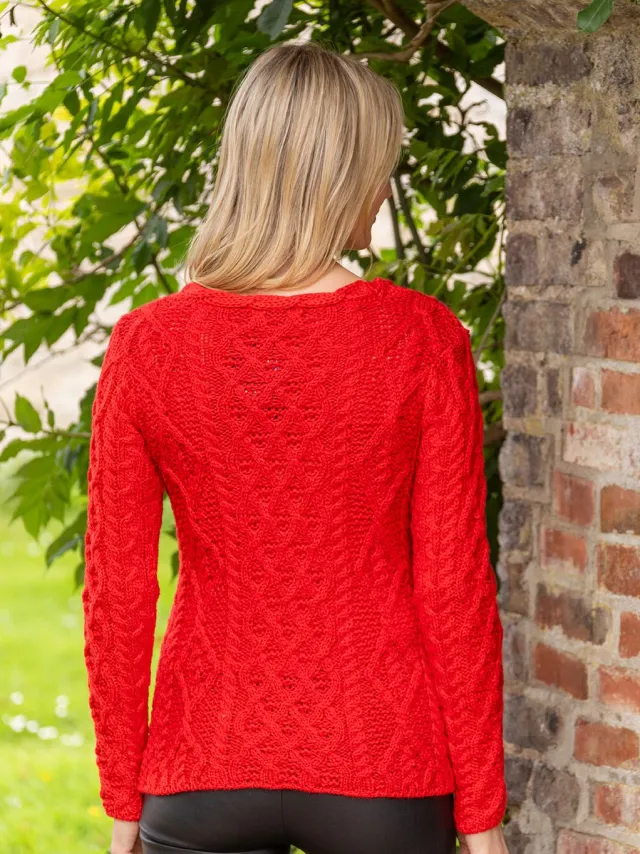 Womens Irish Knitwear|Womens Aran Fisherman Sweaters*Sweater Shop Lambay Lattice Cable Knit Aran Sweater Scarlet