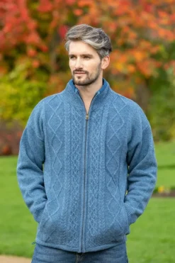 Mens Aran Cardigans|Mens Fisherman Sweaters*Sweater Shop Lined Shetland Jacket Blue