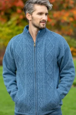 Mens Aran Cardigans|Mens Fisherman Sweaters*Sweater Shop Lined Shetland Jacket Blue