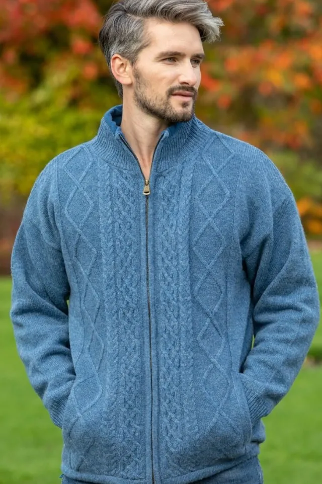 Mens Aran Cardigans|Mens Fisherman Sweaters*Sweater Shop Lined Shetland Jacket Blue