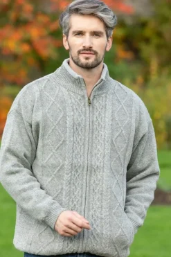 Mens Aran Cardigans|Mens Fisherman Sweaters*Sweater Shop Lined Shetland Jacket Light Grey