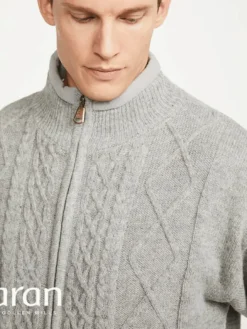 Mens Aran Cardigans|Mens Fisherman Sweaters*Sweater Shop Lined Shetland Jacket Light Grey